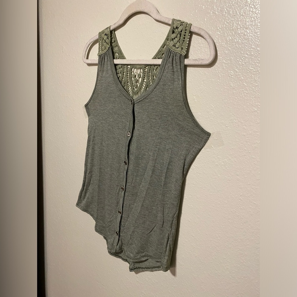 H.I.P. Sage Green Racerback Lace Button-Front Tank Top | Boho Summer Top | M - Picture 4 of 5